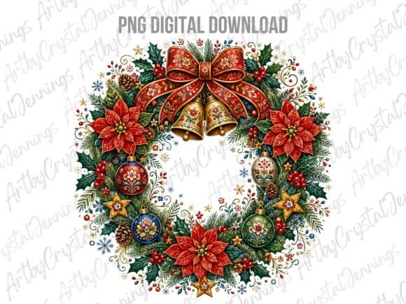 Download Folk Art Christmas Poinsettia Wreath PNG - Christmas Collection