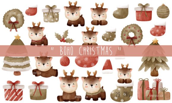 Download Boho Christmas Watercolor Clipart - Christmas Collection